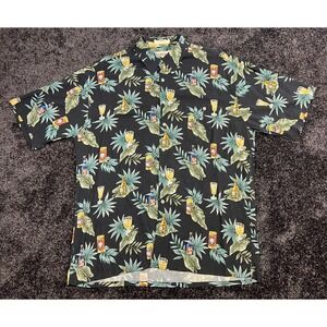 Vintage Mens Campa Moda Large Beer Hawaiian Shirt Black Tropical Palm Tree Print
